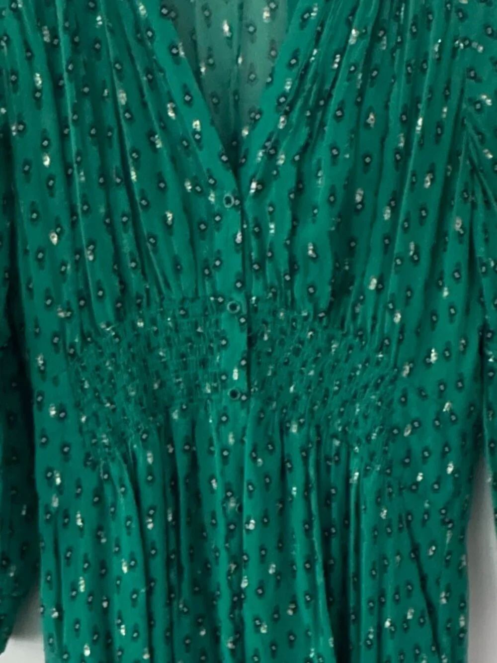 ba&sh Cyana Metallic Dot Smocked Midi Dress - Green, Like New - Picture 5 of 9
